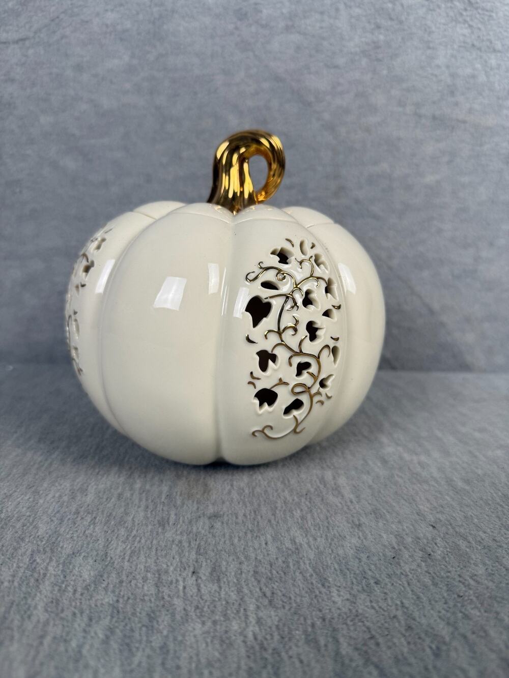 Lenox Pierced Pumpkin Votive Fine Ivory China 24k Gold Accents Luminary 2001 6"